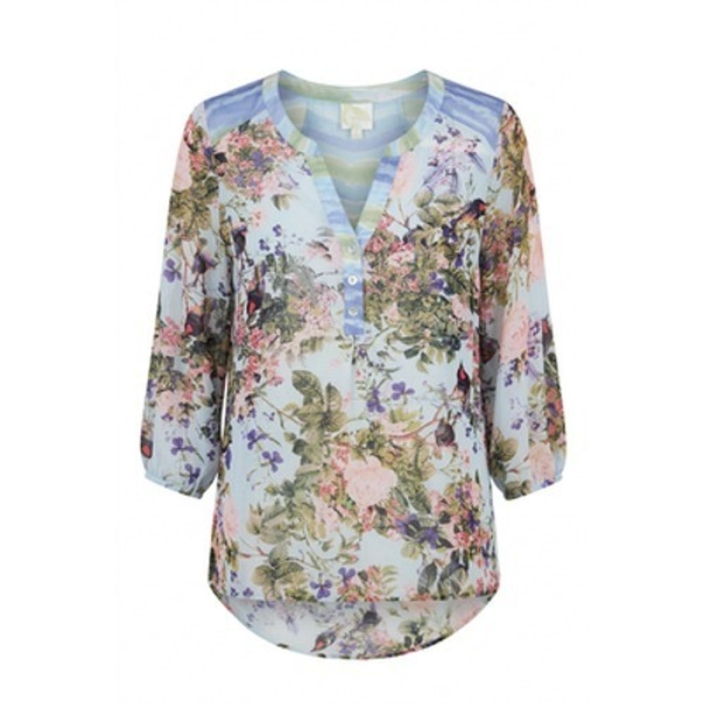Fig and Flower Anthropologie Tunic Top M Floral Bird Sheer Chiffon Whimsy Fairy